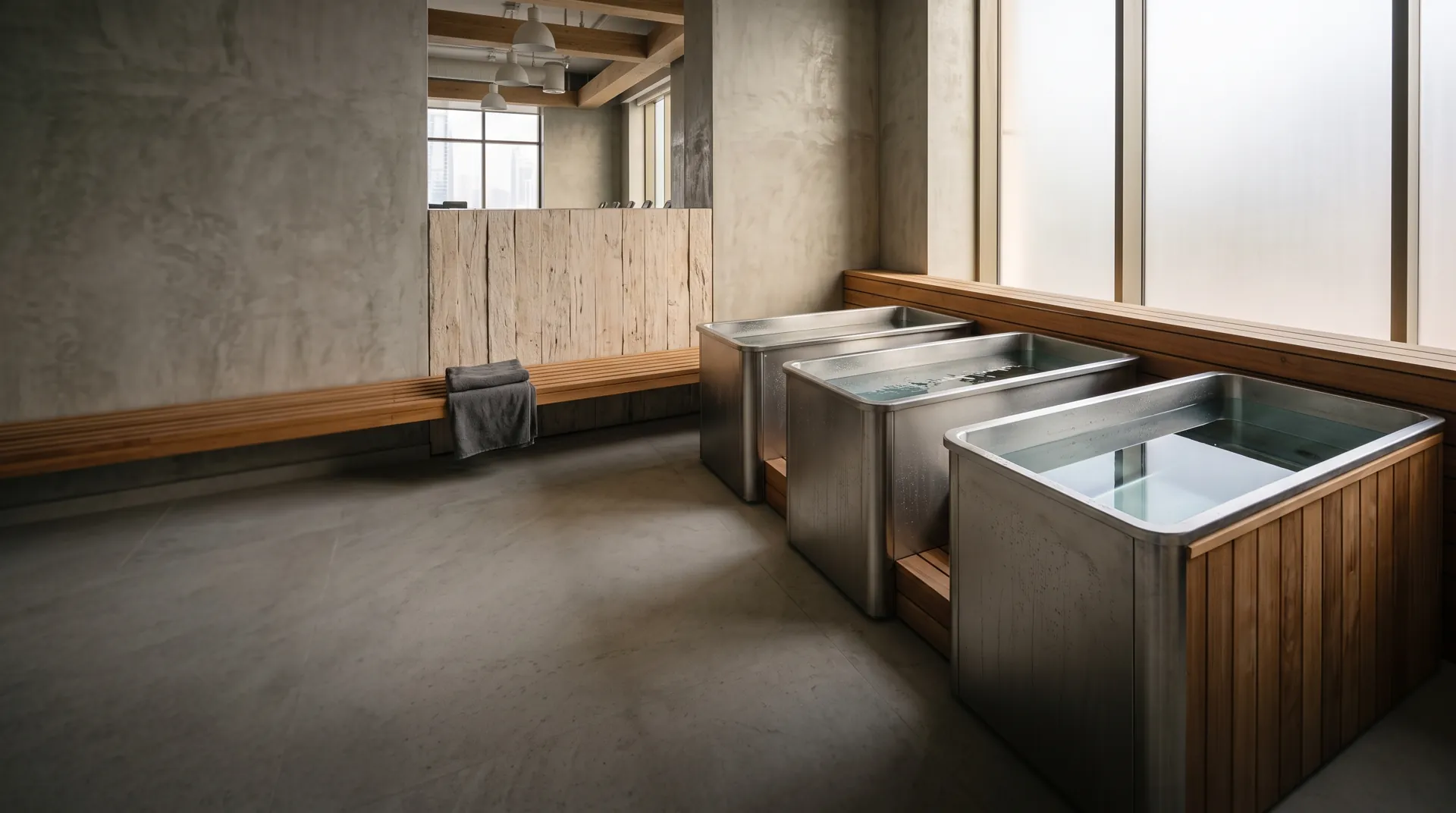 Three stainless steel cold plunge tubs line a modern recovery room with concrete walls and wooden benches