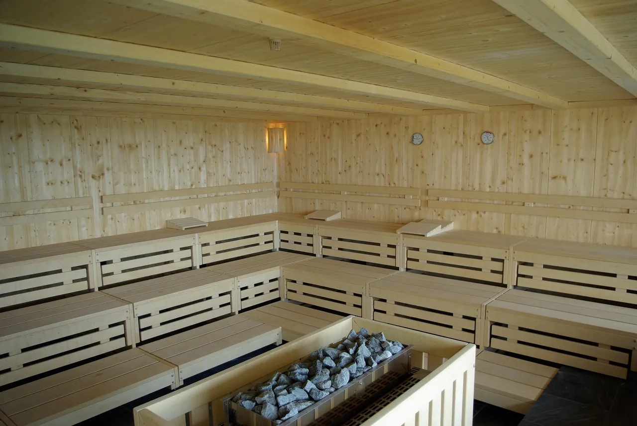 Spacious wooden sauna room with tiered bench seating and a central stone heater