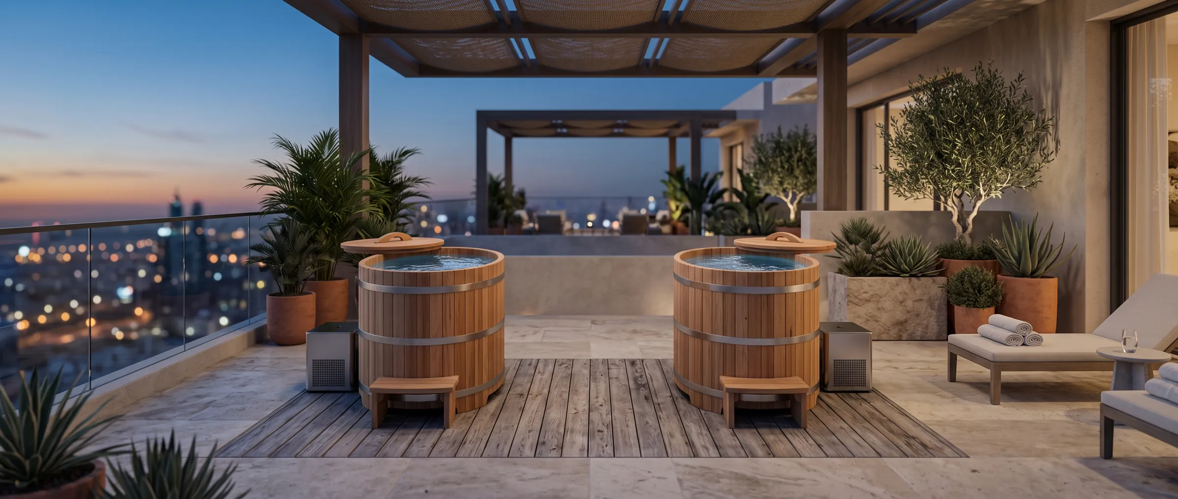 Two cedar barrel cold plunge tubs rest on a rooftop terrace overlooking a glowing city skyline at dusk