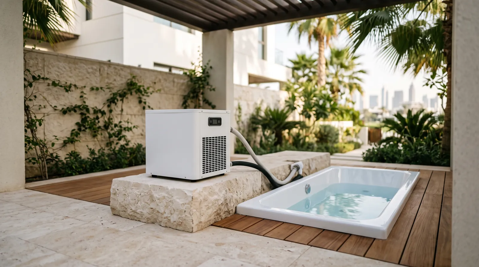 A white chiller unit on a stone ledge connected to an outdoor sunken plunge tub in a sunny modern villa garden