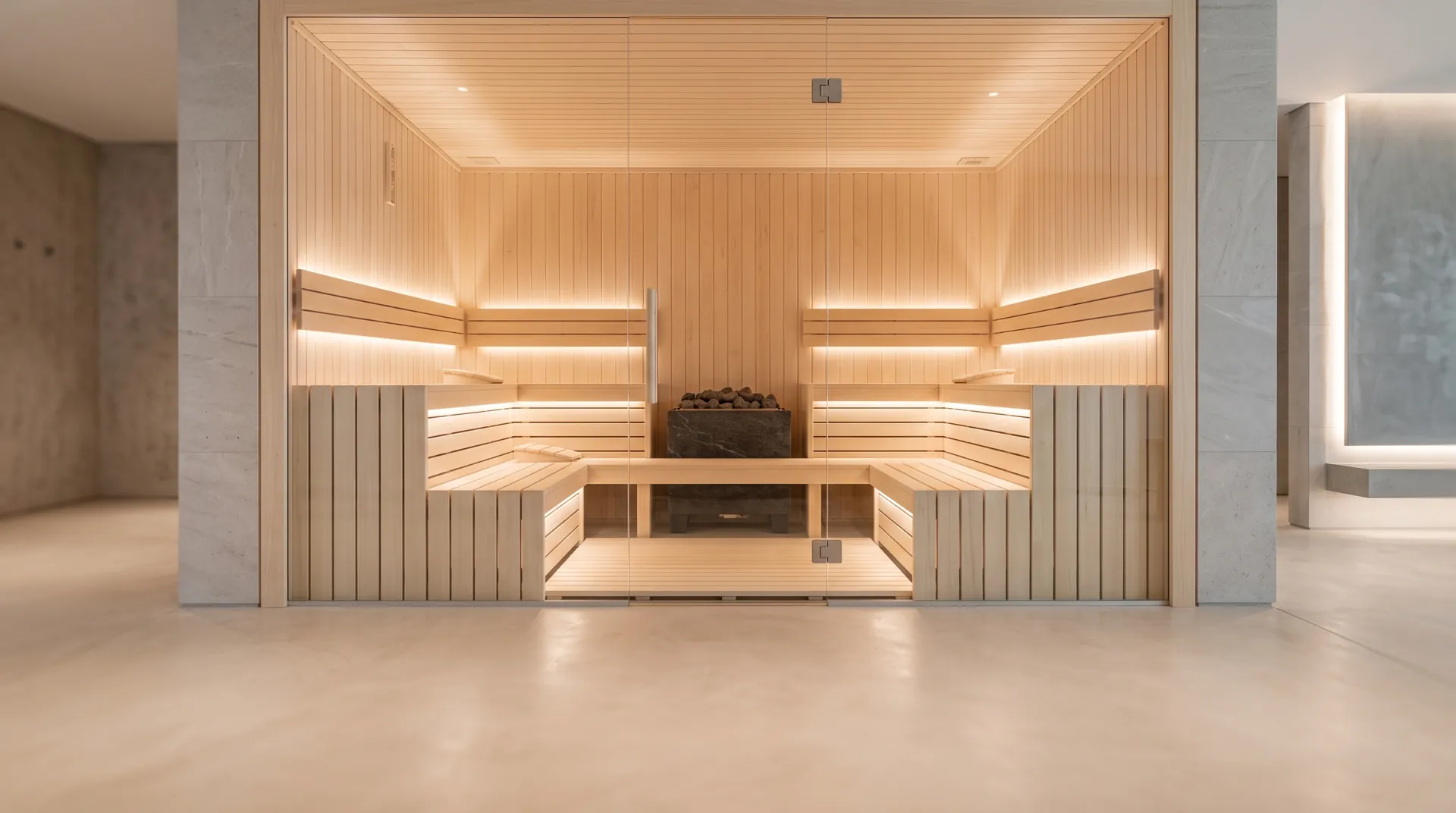 Modern pale wood sauna with two-tier benches, illuminated backrests, and a stone heater behind a glass door