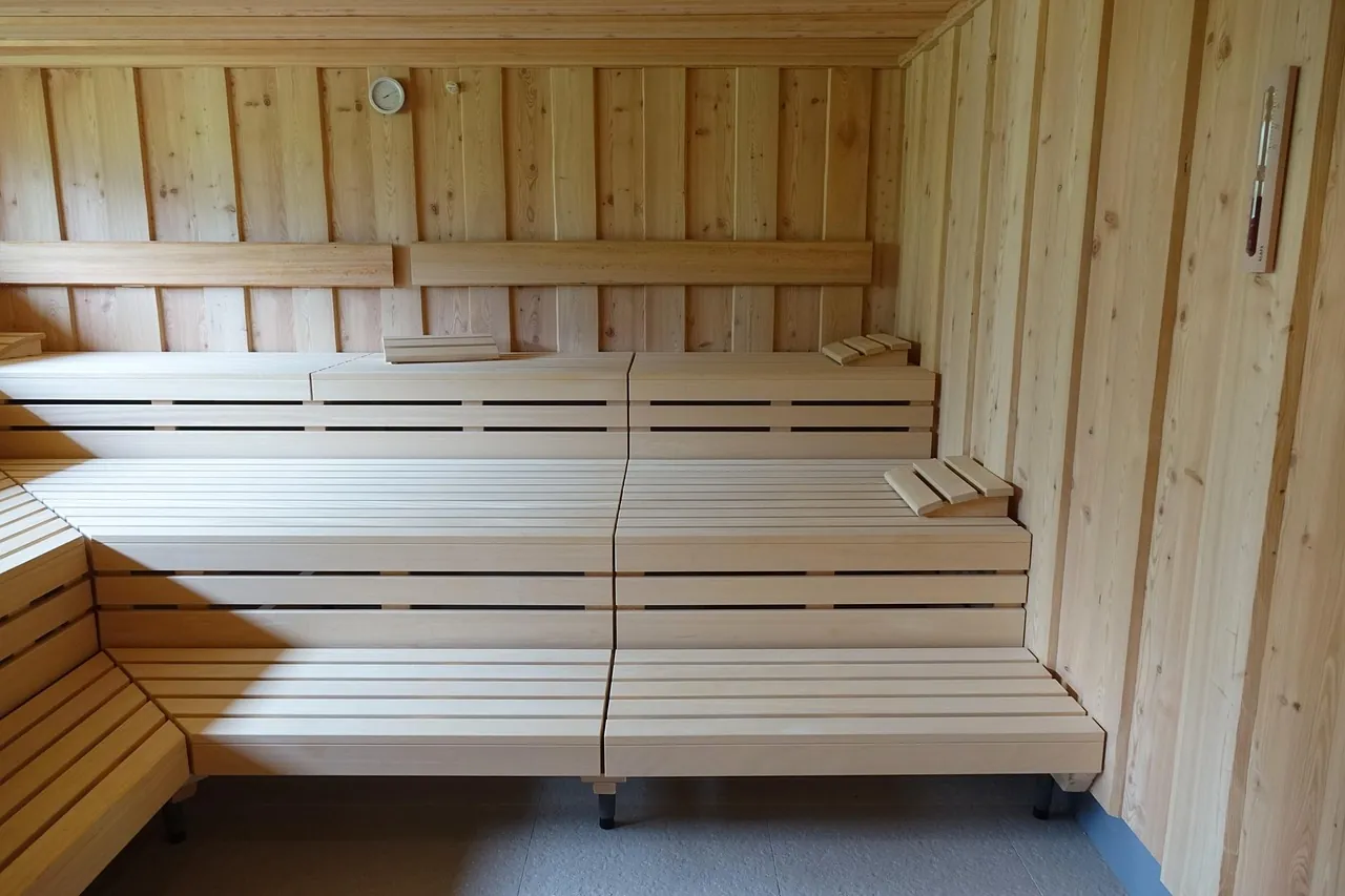 Wooden sauna interior featuring tiered slatted benches and paneled walls