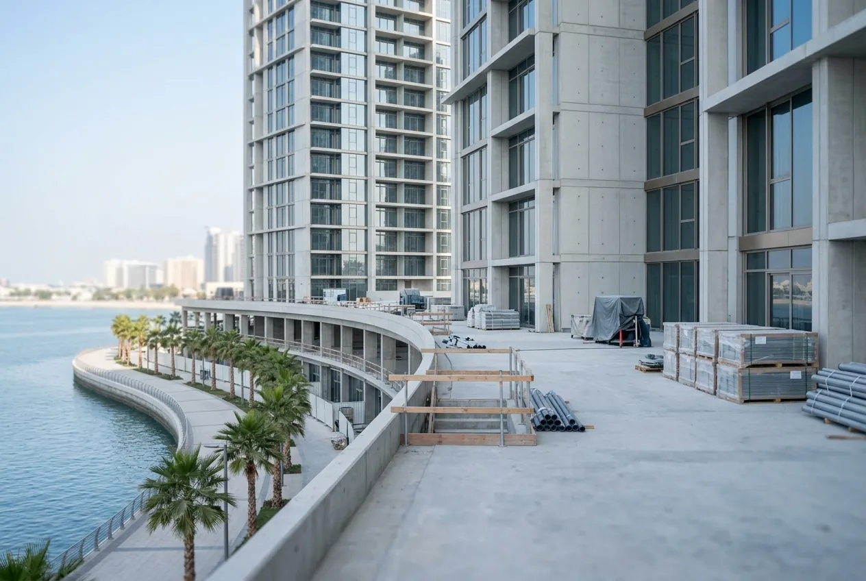Modern residential towers under construction overlooking a curving waterfront promenade lined with palm trees