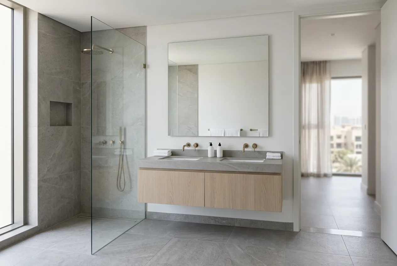Modern bathroom featuring grey porcelain tiles, a walk-in glass shower, and a floating light-wood double vanity