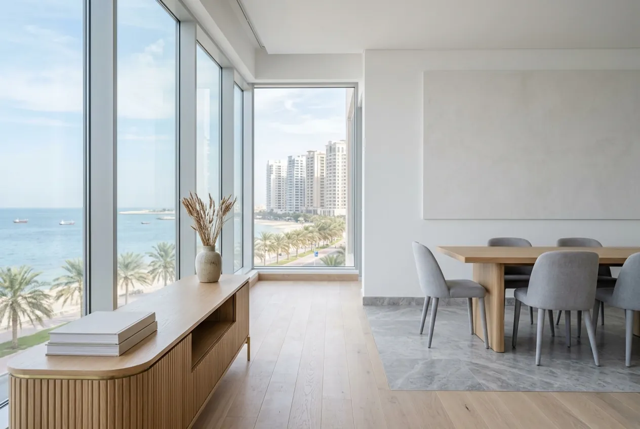 Modern dining room with panoramic windows overlooking coastal towers, palm trees, and the sea