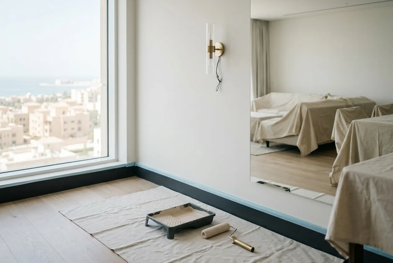 A paint roller and tray on a drop cloth in a room with taped baseboards and furniture covered with sheets