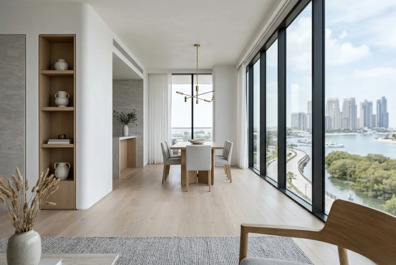 Modern bright dining space with floor-to-ceiling windows overlooking a waterfront promenade and skyline