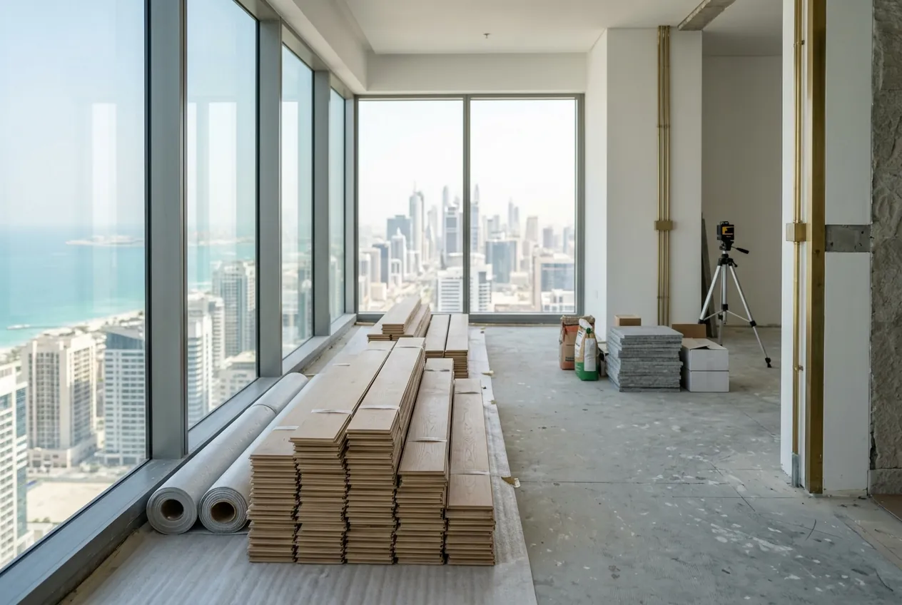 Stacks of wooden floor planks sit inside an unfinished high-rise apartment overlooking the coast and city skyline