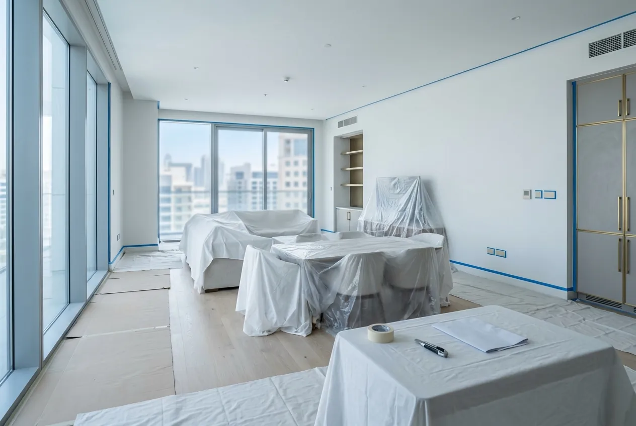 A modern apartment room prepped for painting with wrapped furniture, floor coverings, and taped wall borders