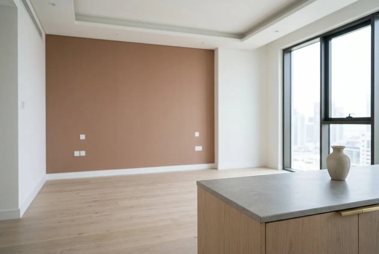 An empty room with a muted clay accent wall, light wood flooring, and a foreground counter with a small vase