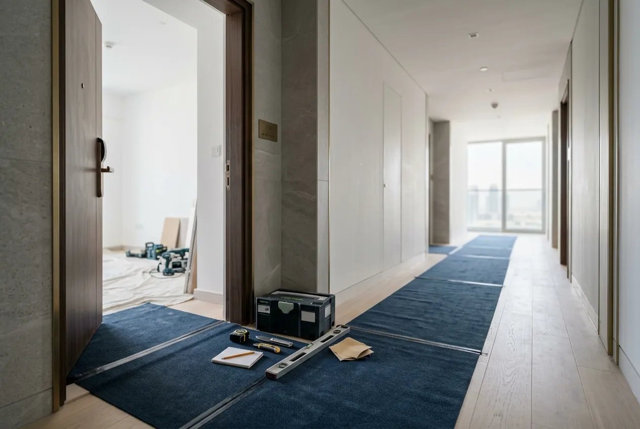 A modern residential hallway with protective blue floor runners and tools neatly set by an open apartment door