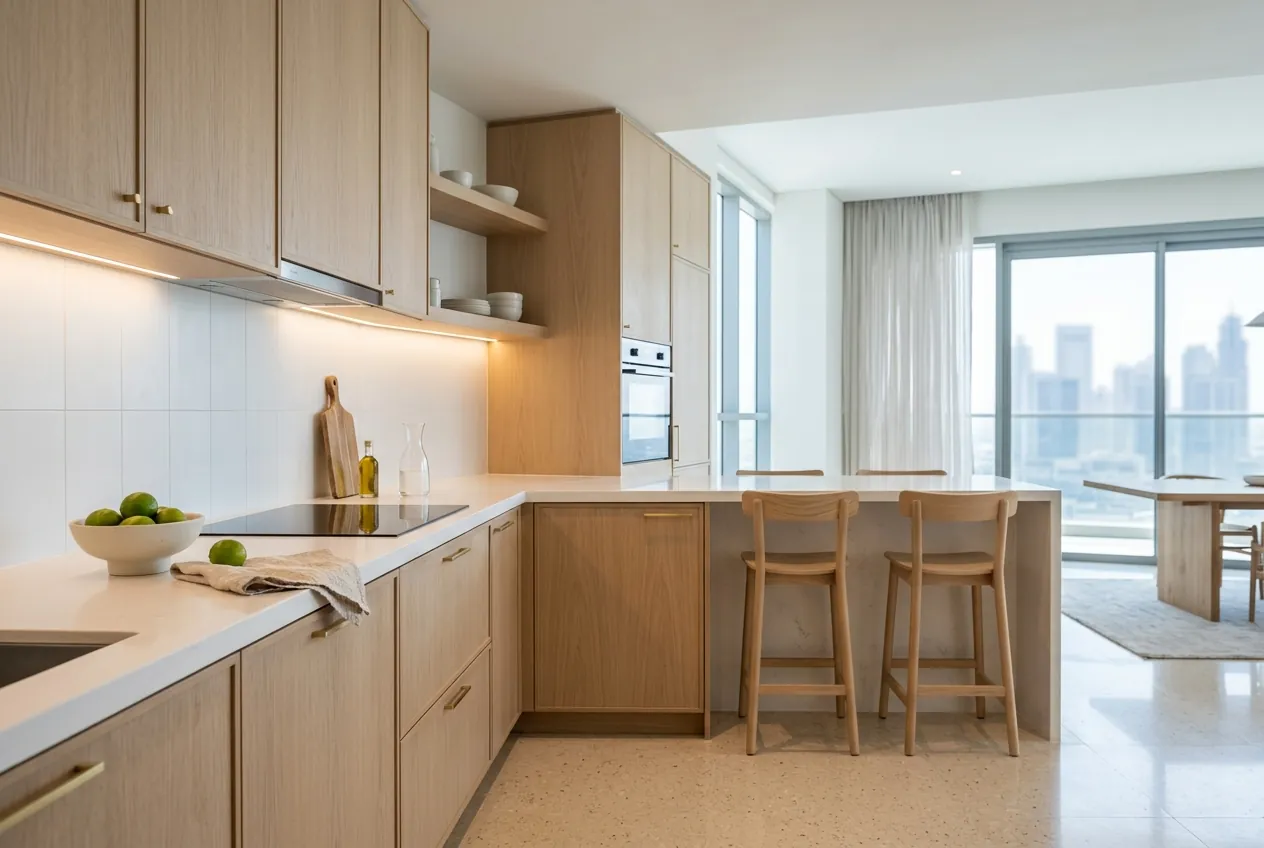 Modern apartment kitchen with light wood cabinets, quartz countertops, under-cabinet lighting, and wooden bar stools