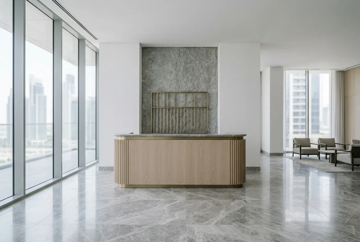 A minimalist tower lobby featuring a wooden concierge desk, polished marble floor, and floor-to-ceiling windows