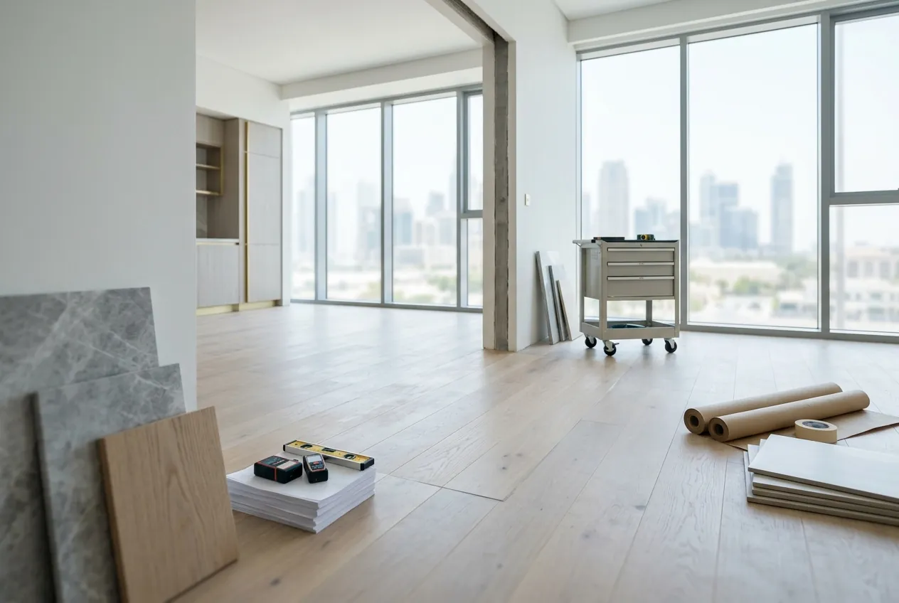 Bright renovated apartment with light wood floors, large city-view windows, and renovation supplies on the ground