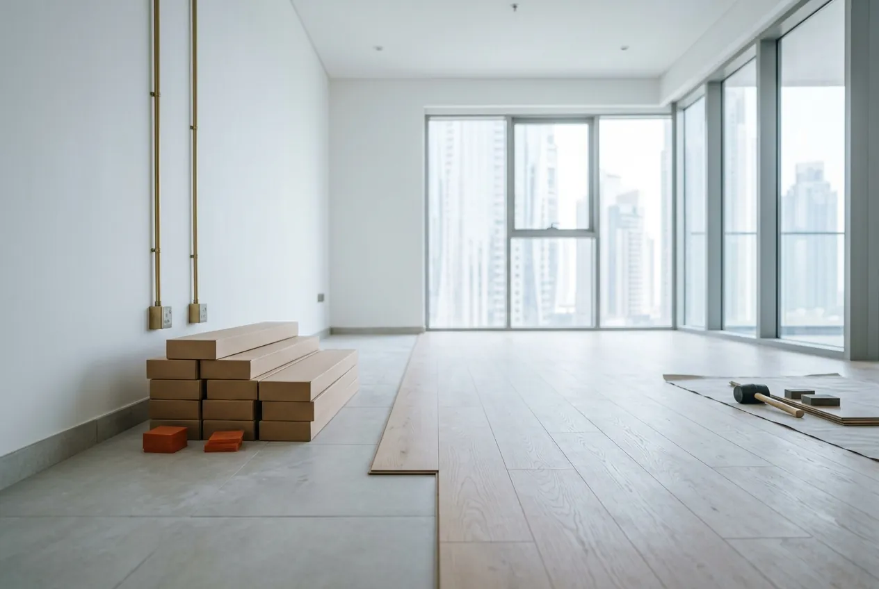 Light wood planks being installed over tile flooring in an empty high-rise apartment with skyline views