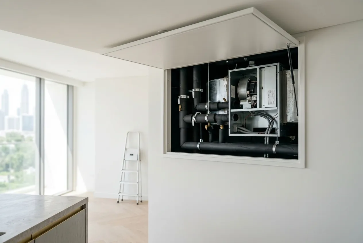 Open access hatch in an apartment wall revealing a fan coil unit and insulated chilled water pipes
