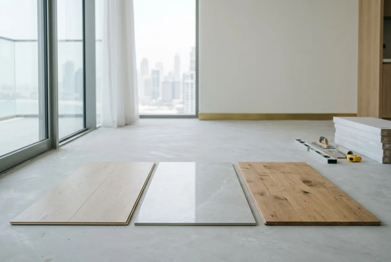 Three flooring samples of laminate, polished porcelain, and natural wood resting on a concrete apartment floor