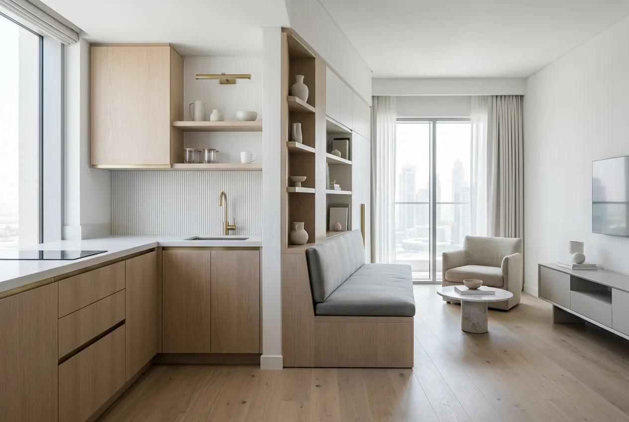 Modern renovated studio apartment with light wood cabinetry, built-in bench seating, and city views
