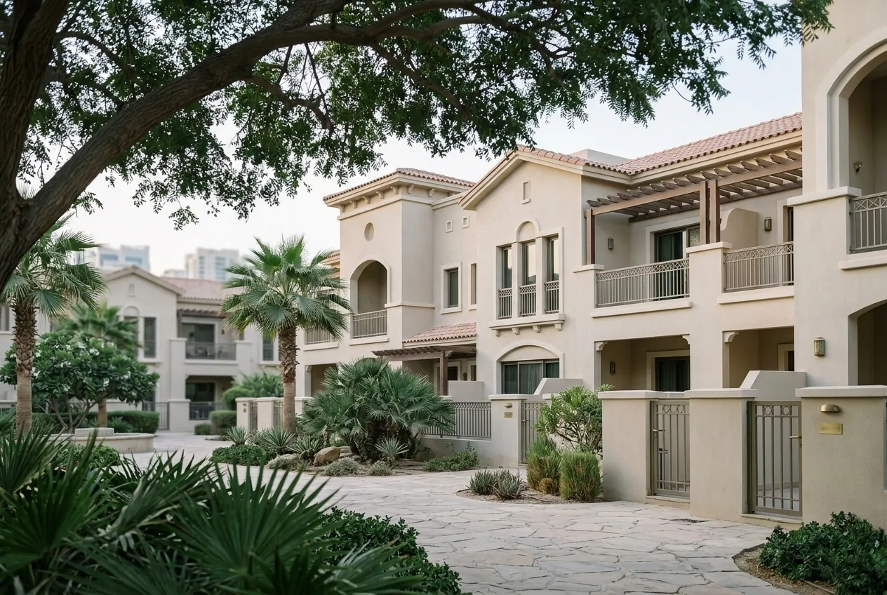 Mediterranean-style low-rise apartment buildings with stone walkways, palm trees, and landscaped gardens
