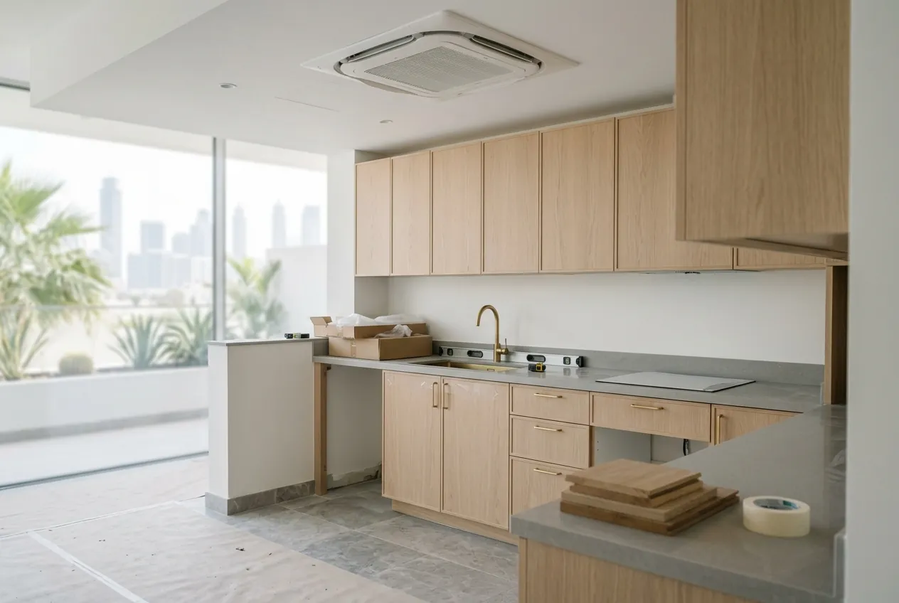 A modern kitchen undergoing cabinet installation with light wood units, stone counters, and a ceiling AC cassette