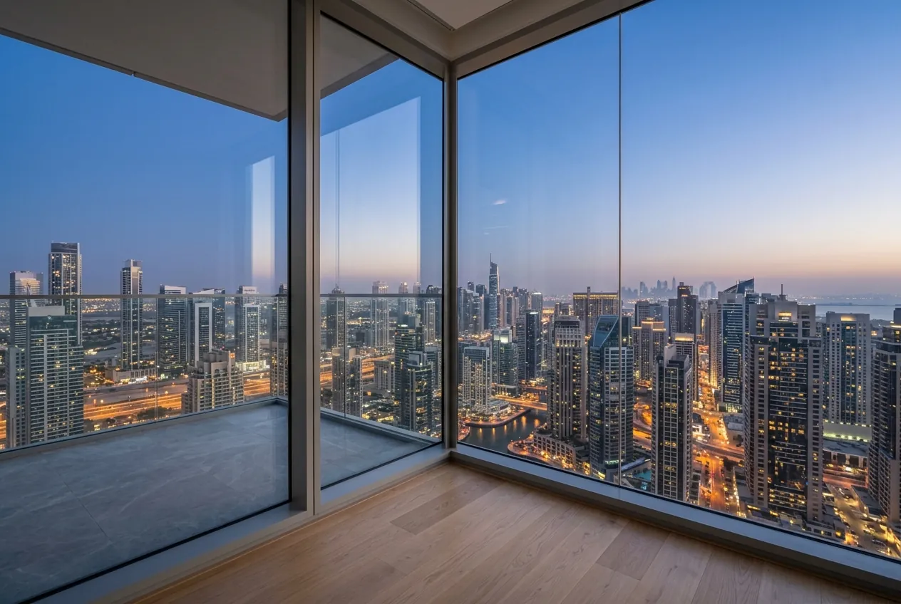 Floor-to-ceiling corner windows overlook an illuminated cityscape of high-rise towers and waterways at dusk