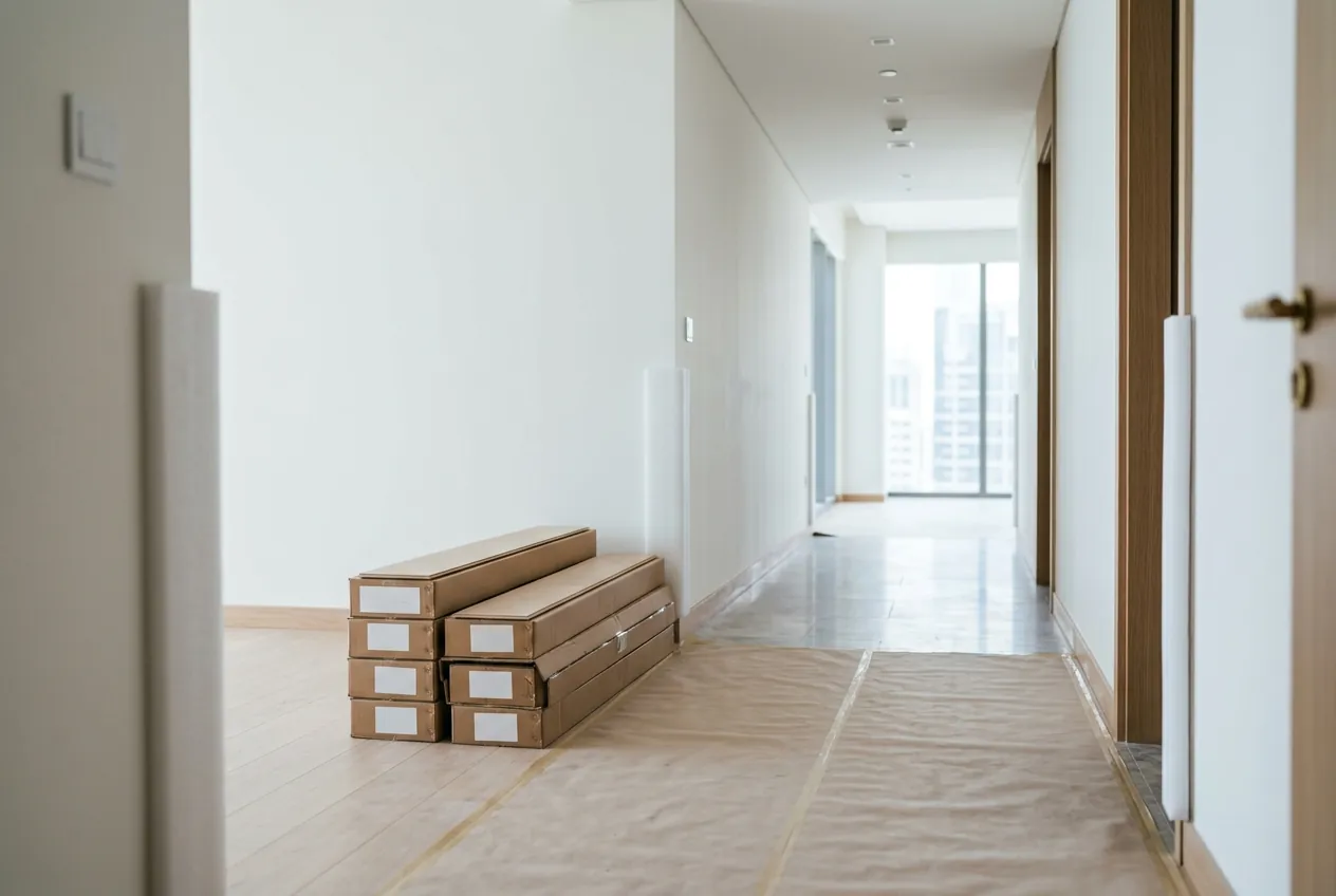 Boxes of flooring materials stacked in a bright apartment hallway with paper-covered floors