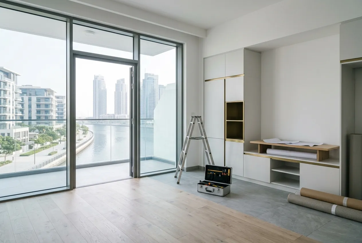 An apartment interior under renovation with large windows overlooking a waterfront promenade and city towers