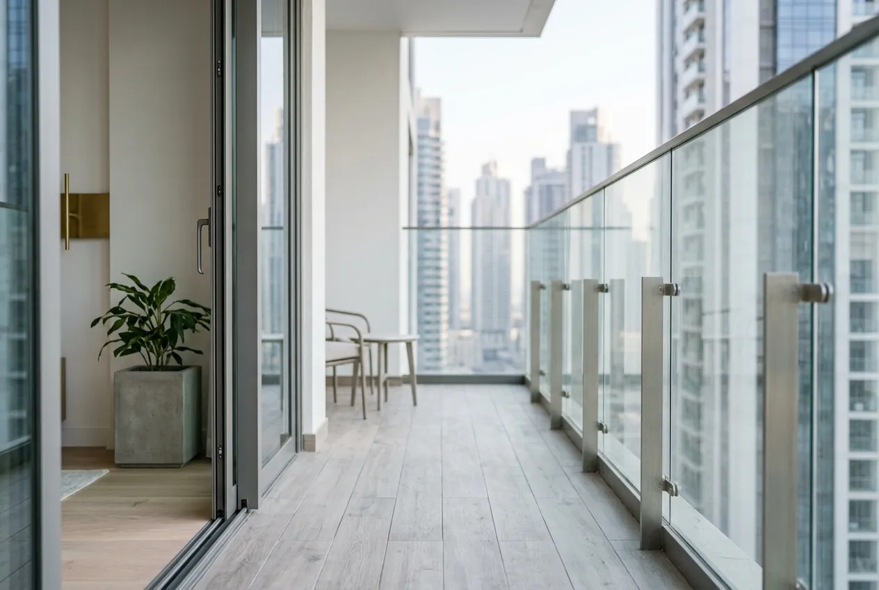 Modern apartment balcony featuring light plank decking, a glass railing, and a view of city high-rises