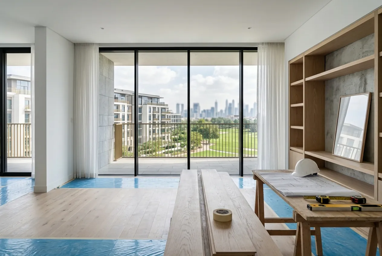 Apartment under renovation with large balcony doors overlooking residential buildings and a green golf course