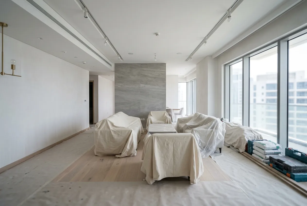 Living room under renovation with covered furniture, fresh white walls, track lighting, and floor-to-ceiling windows