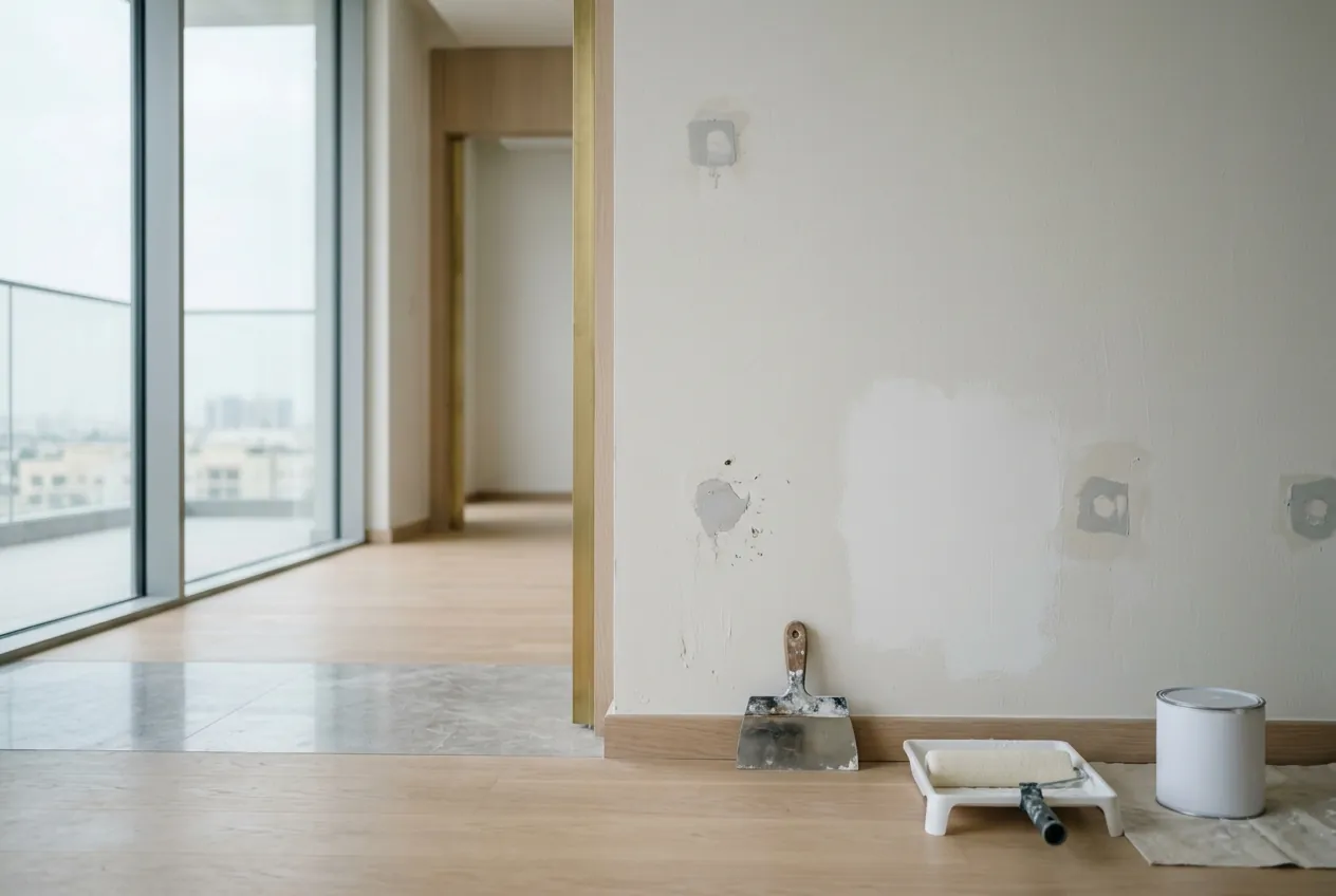 An empty apartment room undergoing wall repairs with spackle patches, a putty knife, and painting tools on the floor