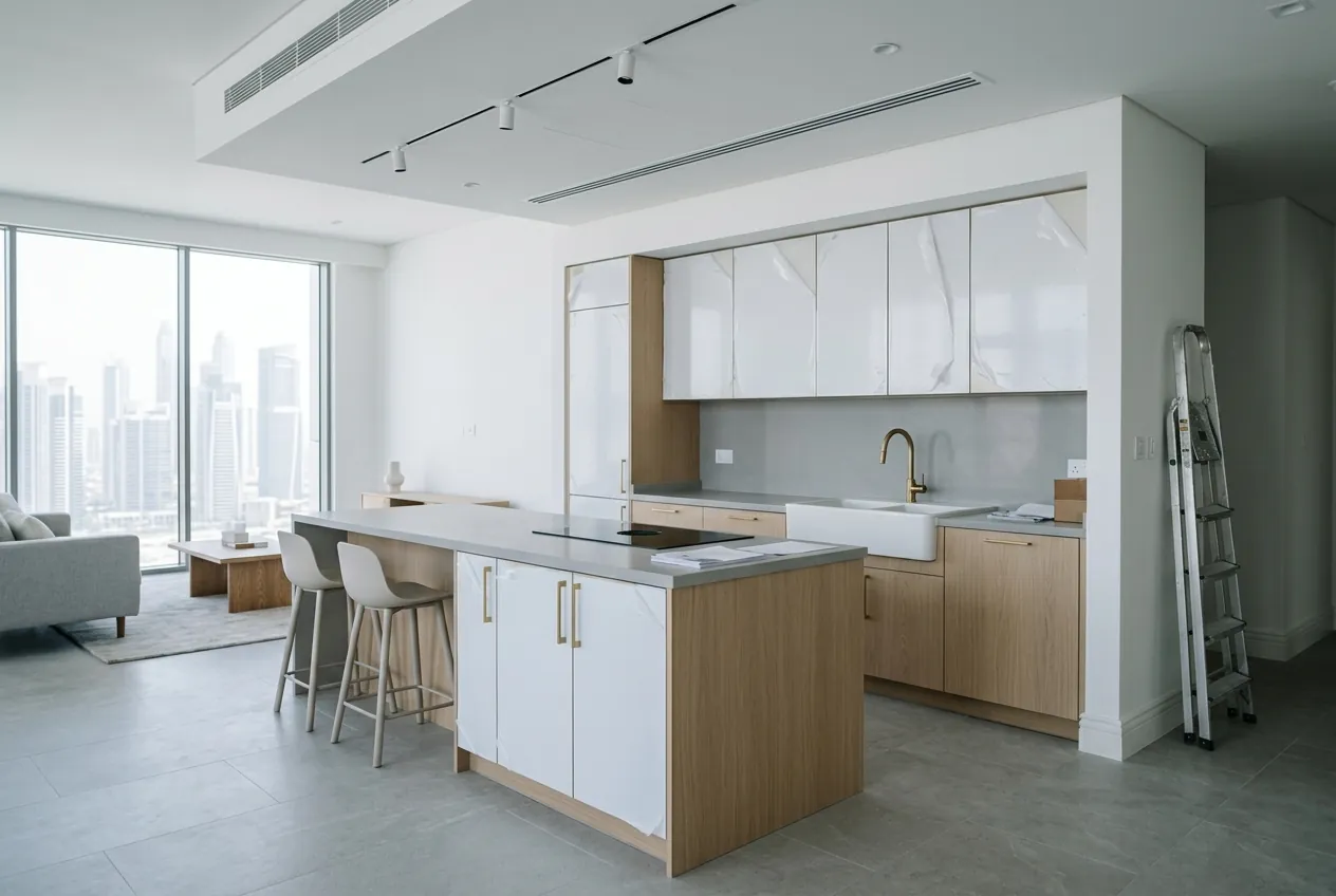 Modern apartment kitchen under renovation with protective film on white cabinet doors and a ladder nearby