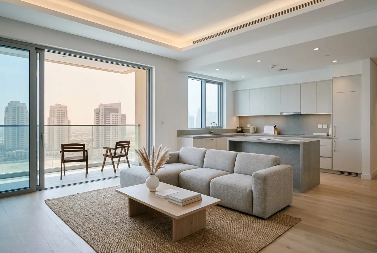 Modern open-plan living room and kitchen featuring neutral decor, a grey sectional sofa, and a balcony view