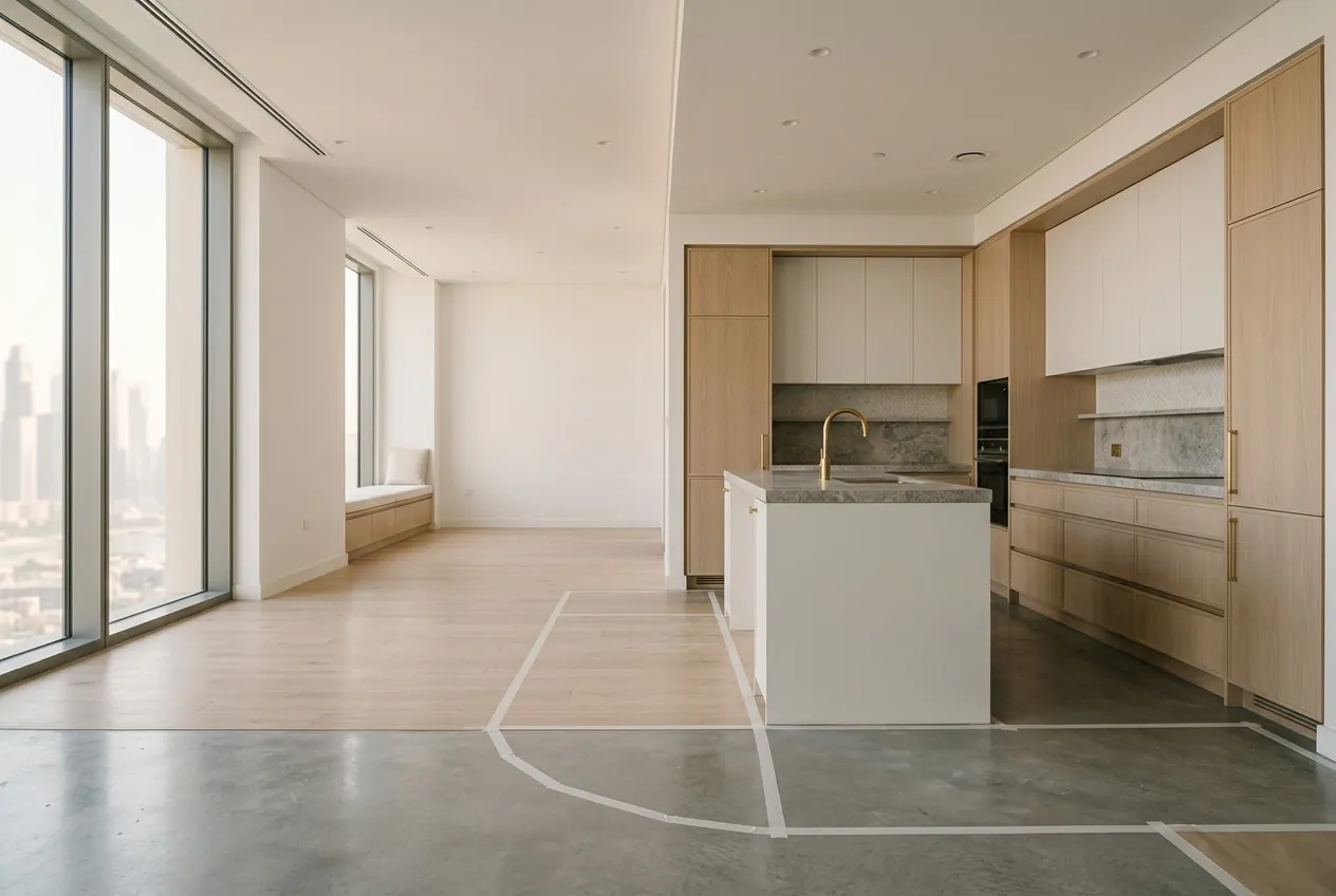 Modern open-plan kitchen and living space with tape markings laid out across the concrete and wood flooring