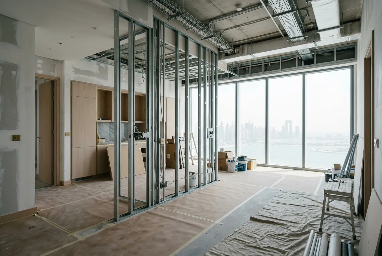 A high-rise apartment under renovation with metal stud wall framing, exposed ceiling ducts, and skyline views