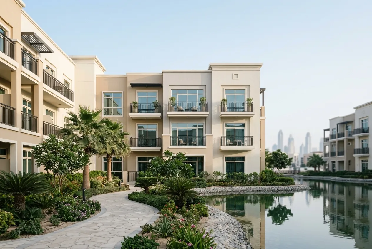 Modern low-rise apartment buildings with balconies beside a landscaped lake path under a clear sky