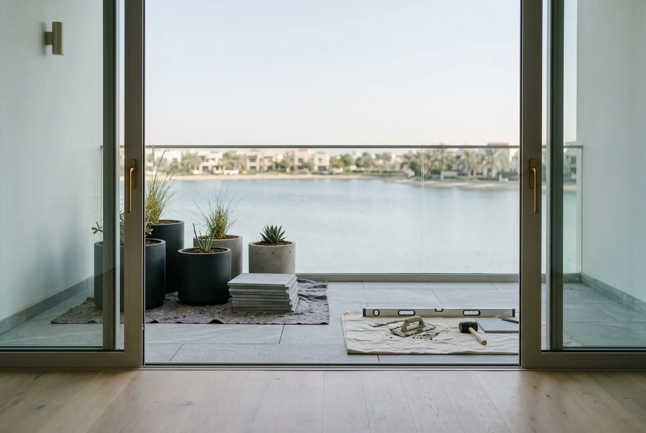 Balcony overlooking a lake during tile installation, with potted plants and tiling tools on the floor
