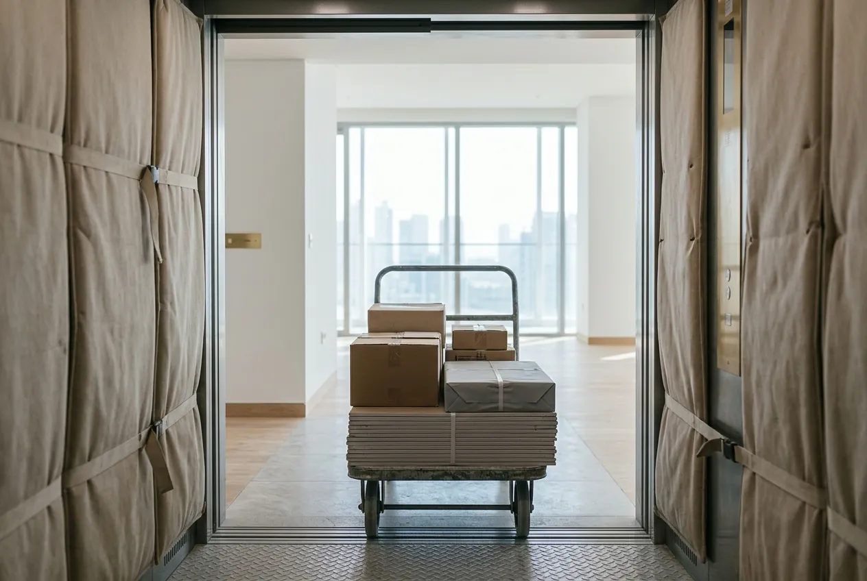 A padded service elevator opens toward a high-rise apartment with a trolley loaded with construction materials