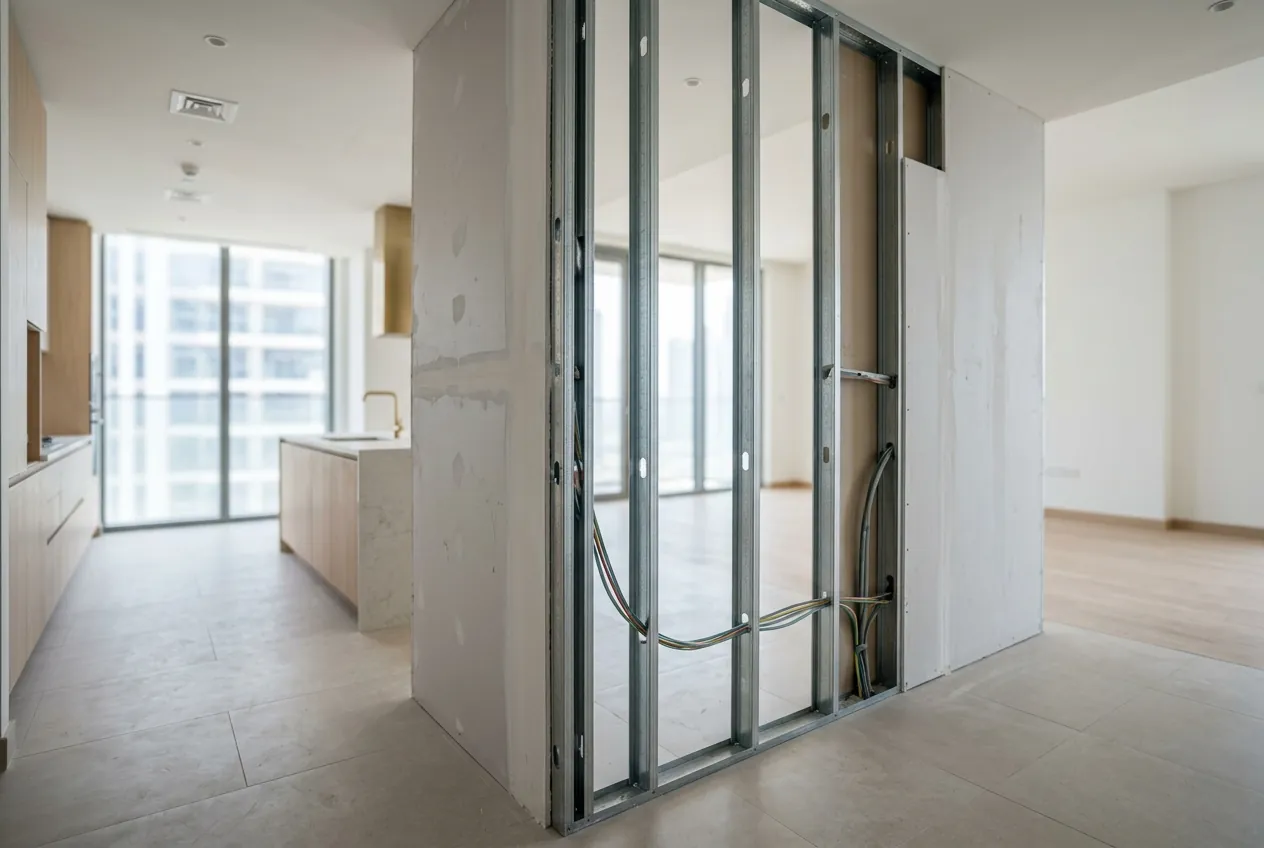 A metal stud partition wall under construction with exposed electrical wiring between modern apartment rooms