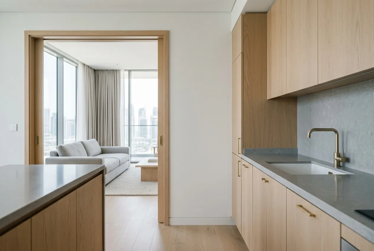 A modern kitchen with light wood cabinetry leading through a doorway into a bright living room