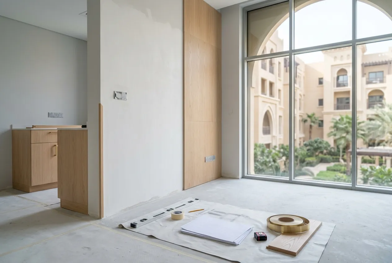 Apartment interior under renovation with large window overlooking garden courtyard and mid-rise residential buildings