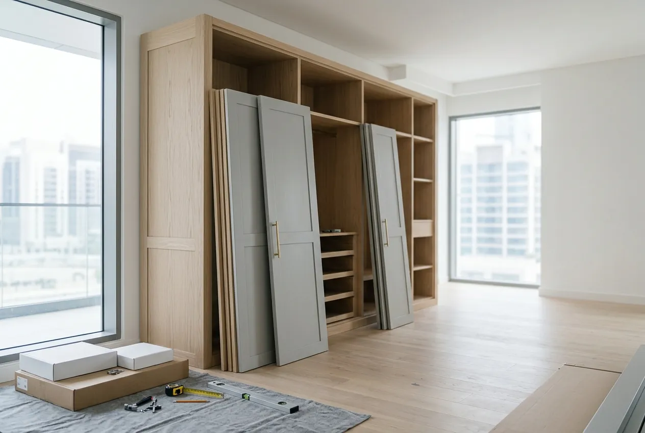 A wooden wardrobe installation underway in a bright apartment bedroom with doors and tools on the floor