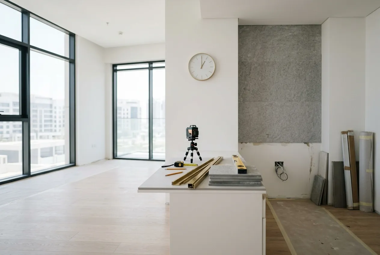Tools and materials rest on a counter inside a bright, unfinished apartment with a wall clock in the background