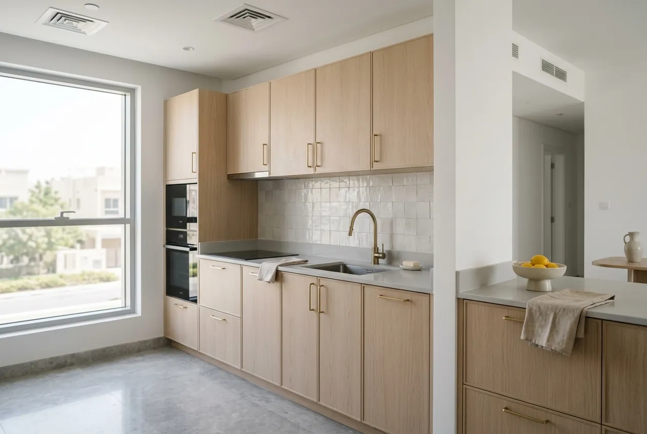 Modern kitchen with light wood cabinets, white tiled backsplash, brass faucet, and large bright window