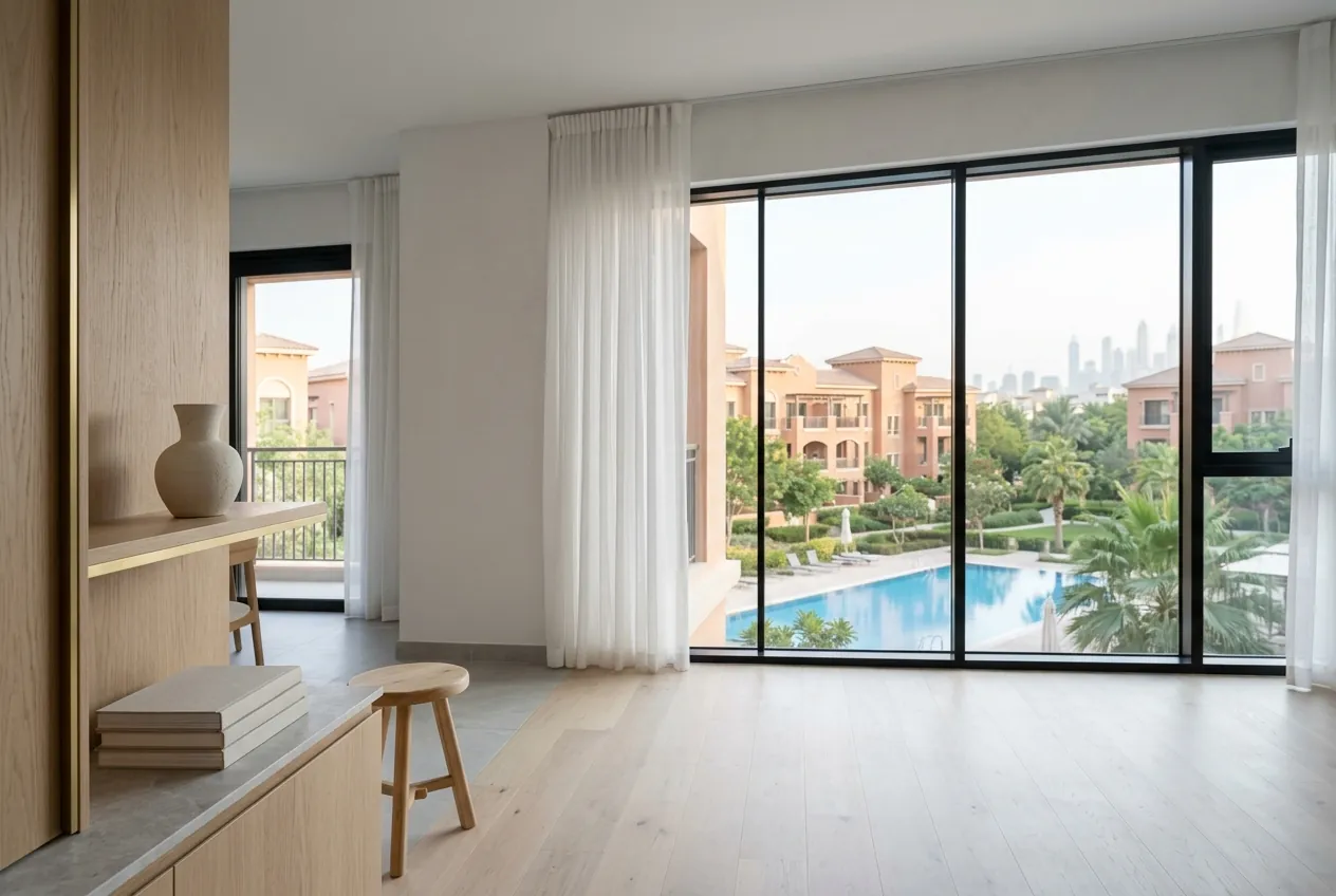 Modern apartment interior looking out large windows toward a community swimming pool and low-rise buildings