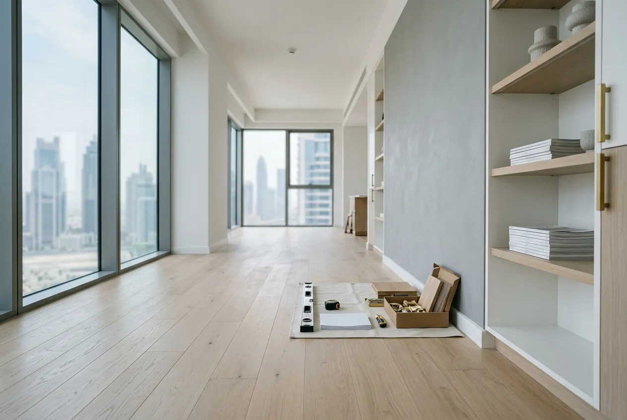 Modern empty apartment interior with newly installed light wood flooring, city view windows, and renovation tools