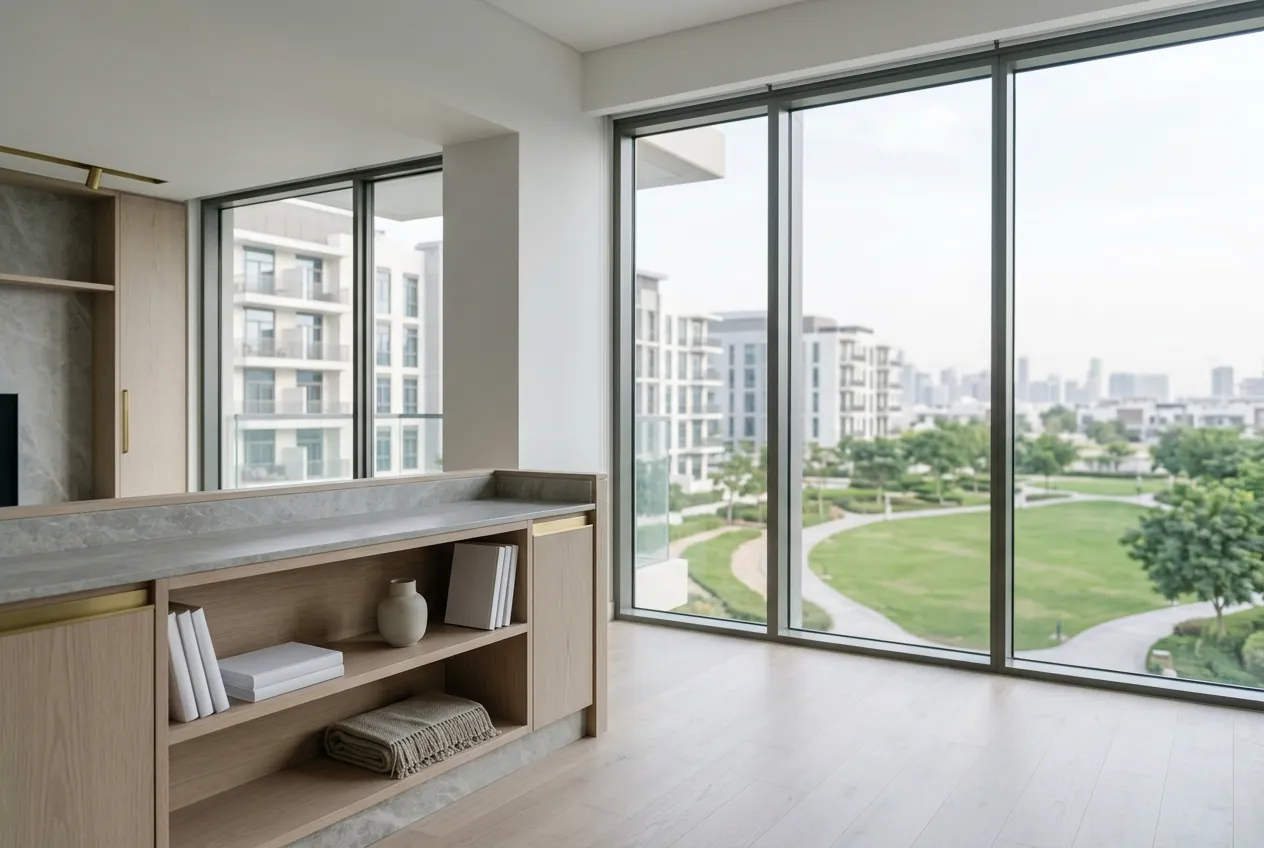 Modern apartment interior overlooking mid-rise residential buildings, walking trails, and a manicured green park