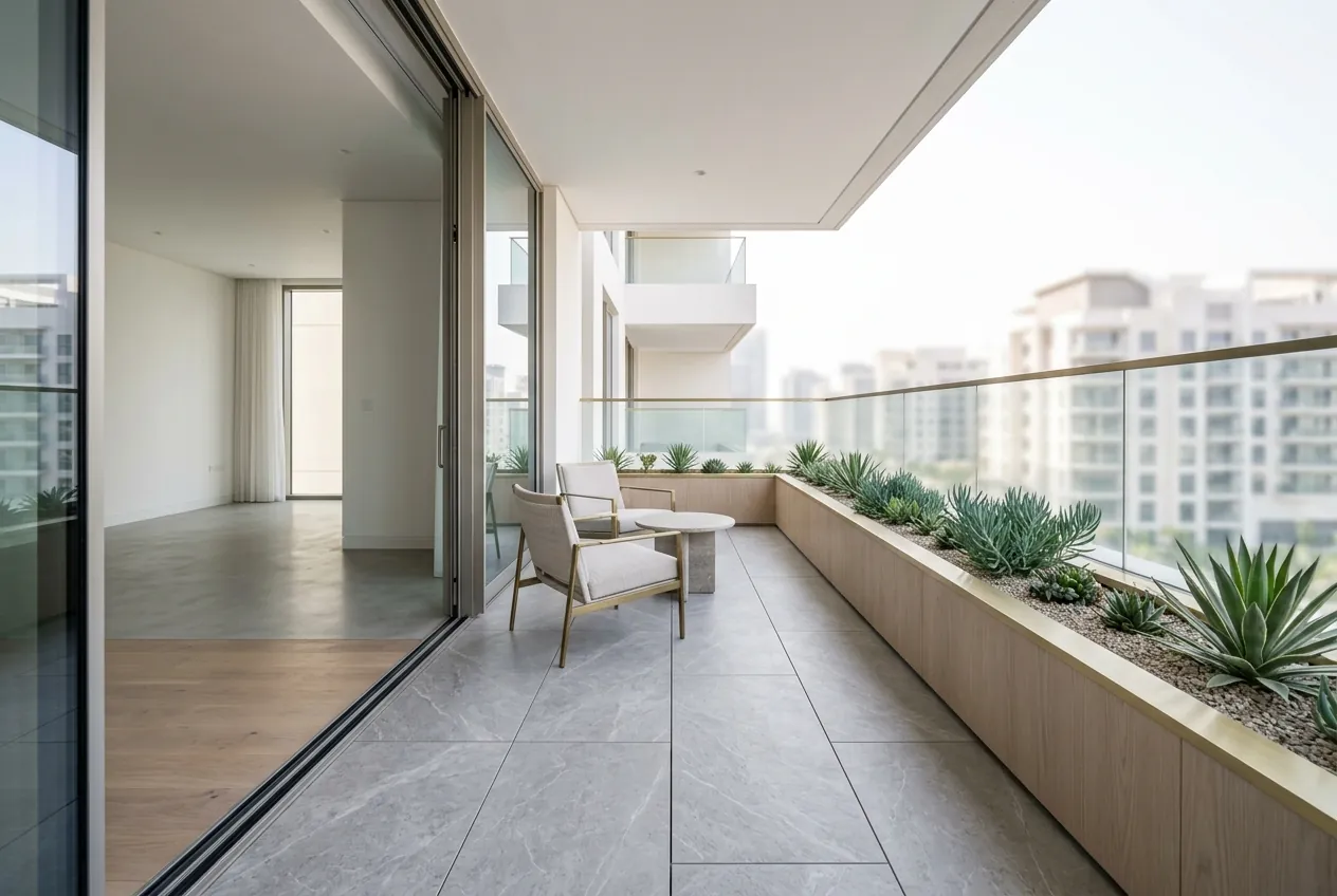 Modern apartment balcony with grey tile flooring, outdoor seating, and a long built-in planter with succulents