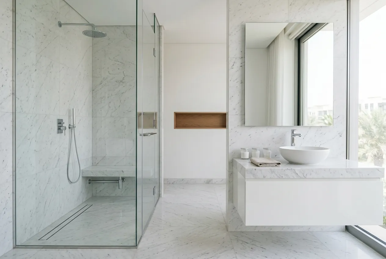 A bright white marble bathroom featuring a walk-in glass shower with a bench and a floating vanity with a vessel sink