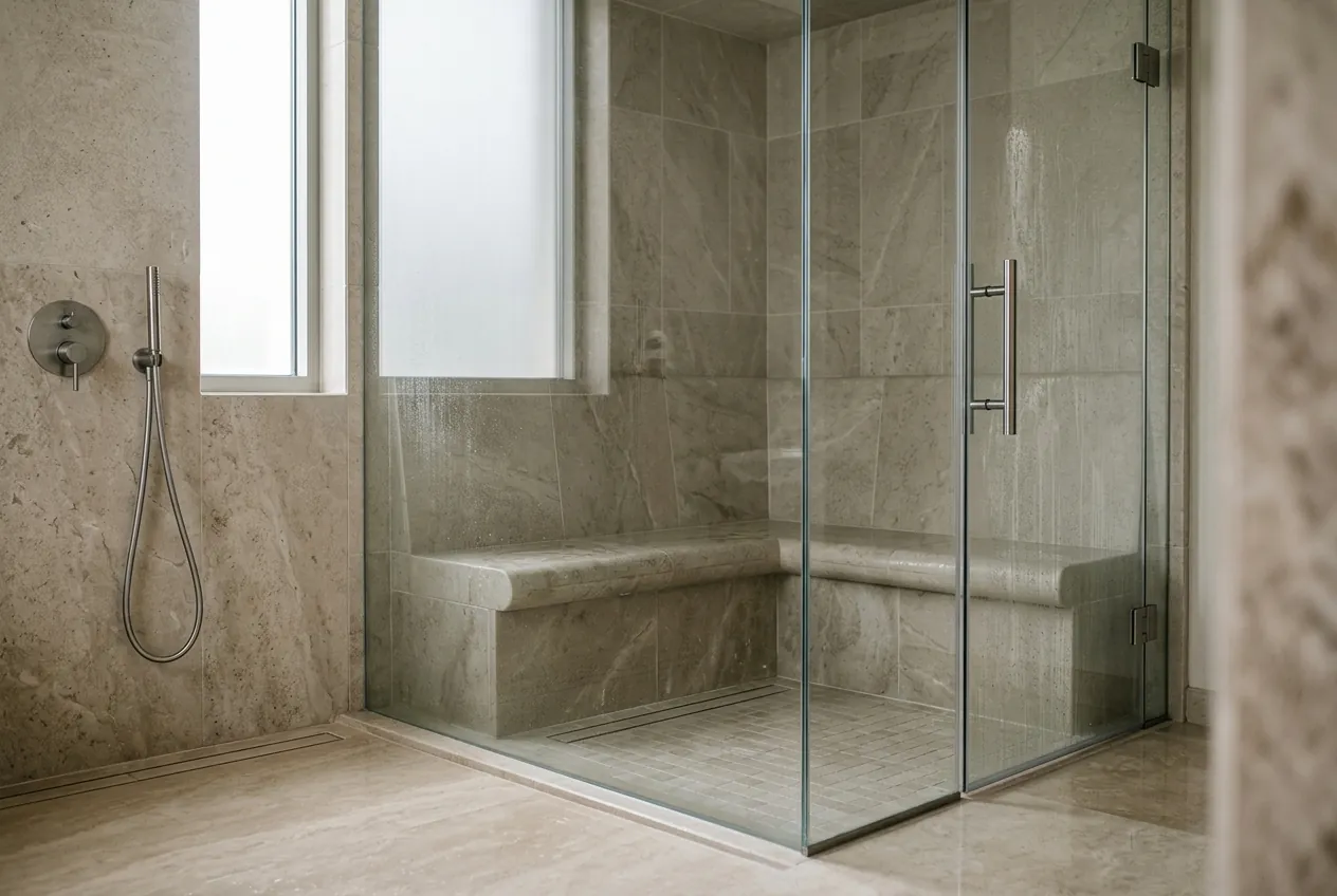A compact marble-tiled steam shower cabin featuring a built-in bench and a frameless glass door